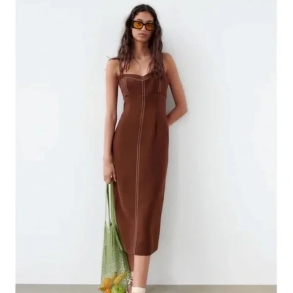 Zara Brown Topstitch Midi Dress - Picture 1 of 3